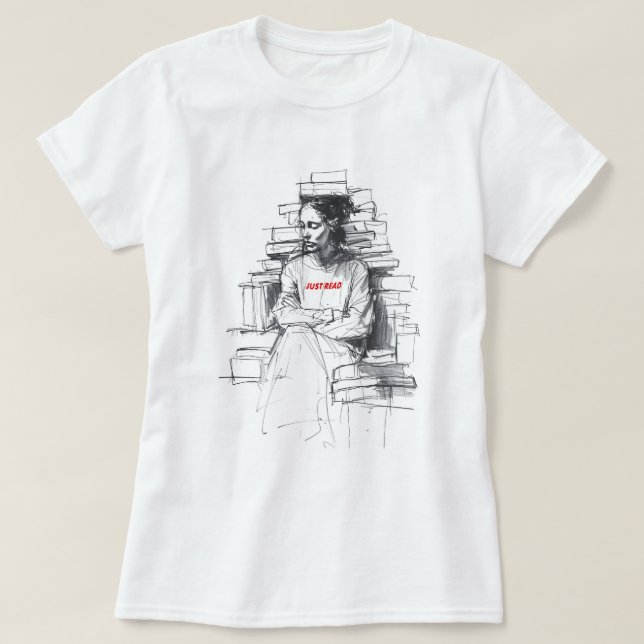 Girl Sitting on Book Throne - "Just Read" T-Shirt (Design Front)