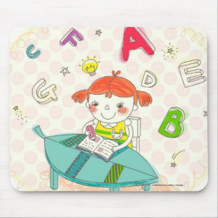 Girl sitting on chair, studying mouse mat