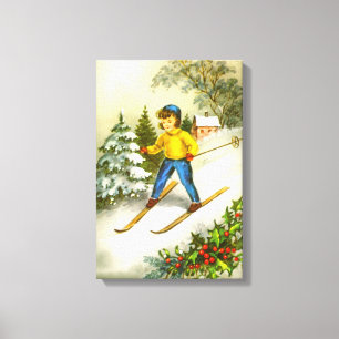 Girl ski-ing festive vintage canvas print