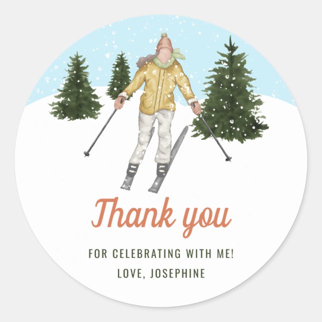 Girl Skiing In Winter Ski Birthday Thank You Classic Round Sticker (Front)