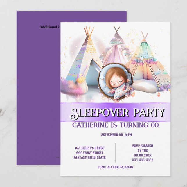 Girl sleeping glamping slumber sleepout teepee  invitation (Front/Back)