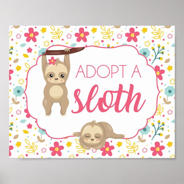 Girl Sloth Birthday Party Adopt a Sloth Sign (Front)