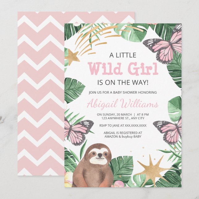 Girl / Sloth / Butterfly / Faux Gold Baby Shower Invitation (Front/Back)