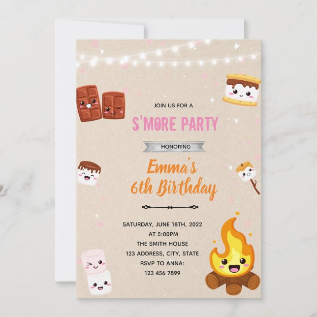 Girl smore camp theme invitation (Front)
