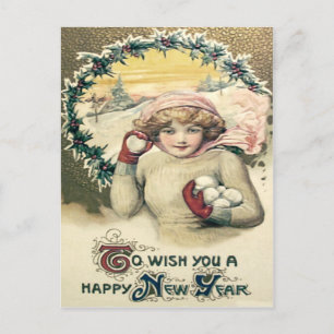 Girl Snowball Snow Holly Wreath Postcard