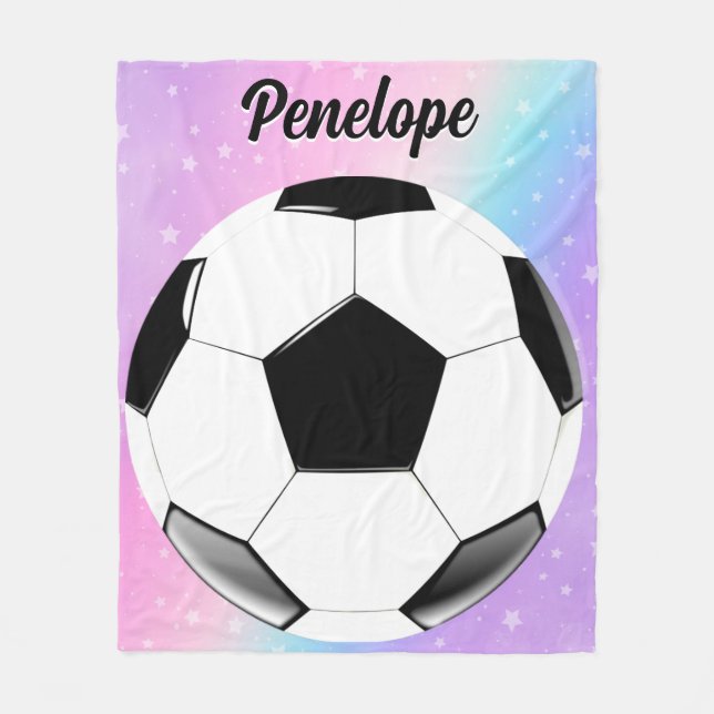 Girl Soccer Ball Pastel Stars Personalised Name Fleece Blanket (Front)
