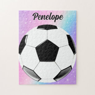 Girl Soccer Ball Pastel Stars Personalised Name Jigsaw Puzzle