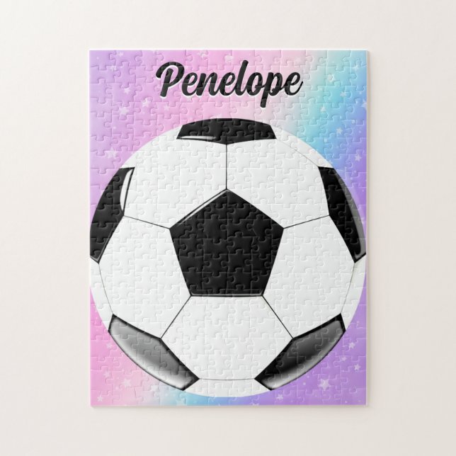 Girl Soccer Ball Pastel Stars Personalised Name Jigsaw Puzzle (Vertical)