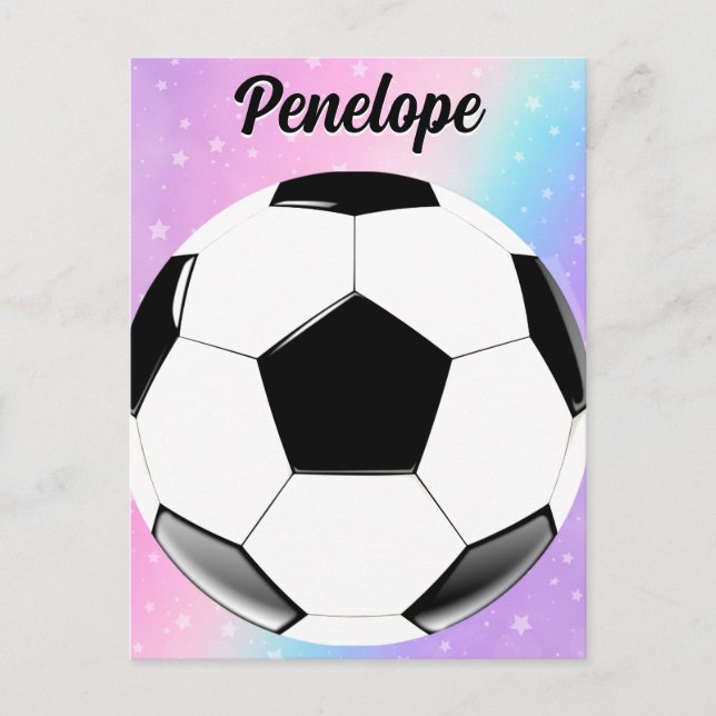 Girl Soccer Ball Pastel Stars Personalised Name Postcard (Front)