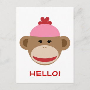 girl sock monkey hello postcard