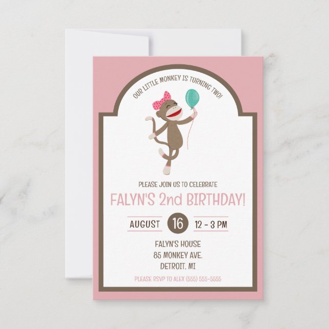 Girl Sock Monkey with Balloon Birthday Party Invitation (Front)