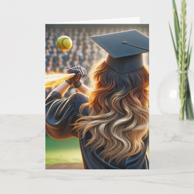 Girl Softball Player Graduate With Fiery Bat Card (Front)