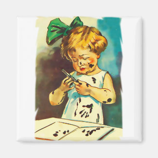 Girl soiled with paint. Colourful vintage drawing Magnet