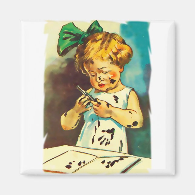 Girl soiled with paint. Colourful vintage drawing Magnet (Front)