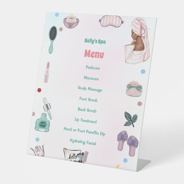 Girl Spa Birthday Party Menu Pedestal Sign (Front)