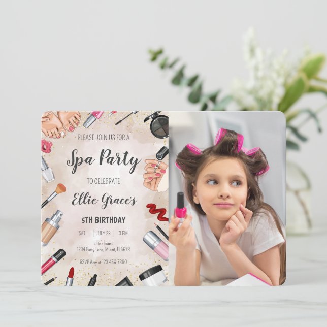 Girl Spa Makeup Birthday Party Photo Invitation (Standing Front)