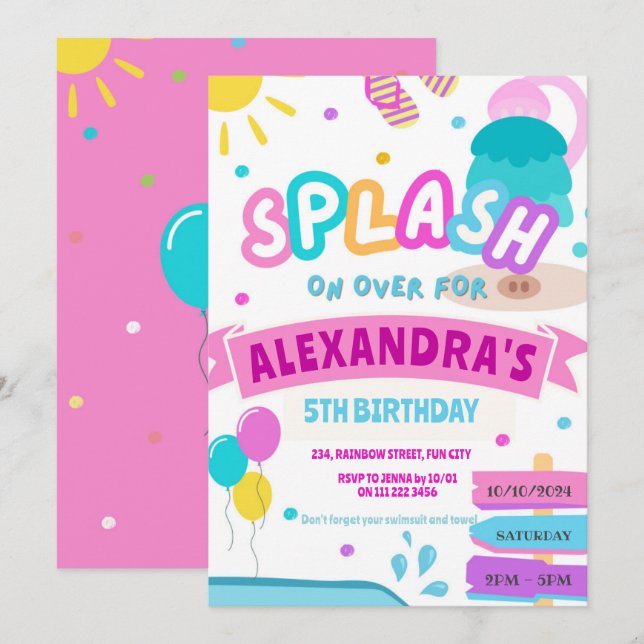 Girl Splash Pad Party Water Park Pink Birthday Invitation (Front/Back)