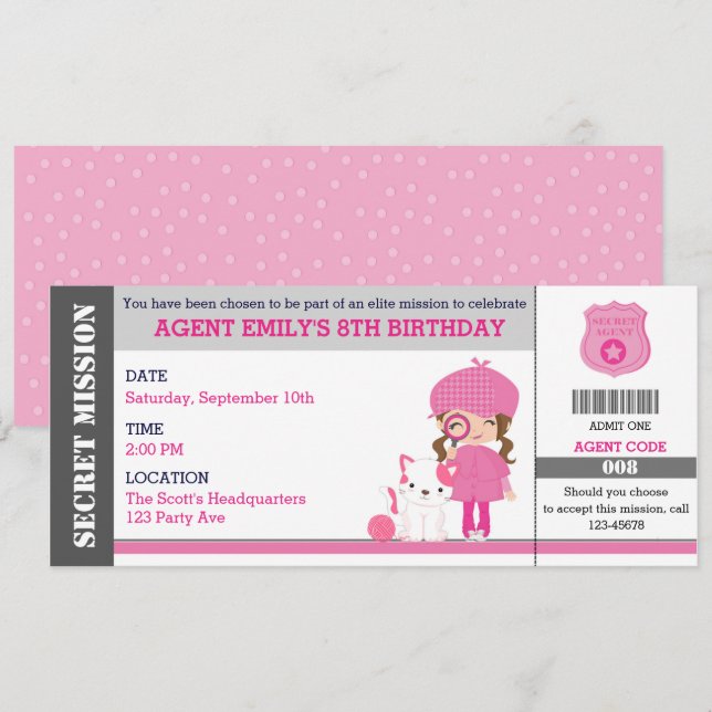 Girl Spy / Detective Ticket Birthday Invitations (Front/Back)
