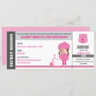 Girl Spy / Detective Ticket Birthday Invitations