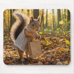 Girl Squirrel Shopping for Nuts in Autumn Woods Mouse Mat