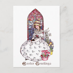 Girl, Stained Glass Window, Tulips Vintage Easter Holiday Postcard