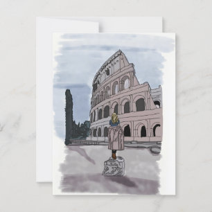 Girl standing front of Colosseum. Postcard