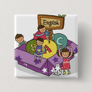 Girl standing with arms raised and boys sitting 15 cm square badge