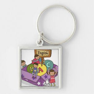 Girl standing with arms raised and boys sitting key ring