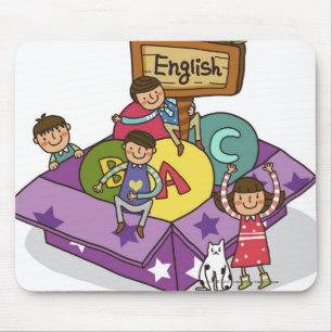 Girl standing with arms raised and boys sitting mouse mat