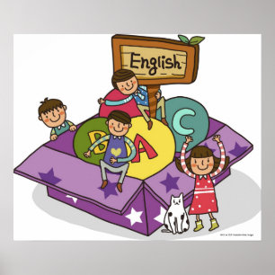 Girl standing with arms raised and boys sitting poster