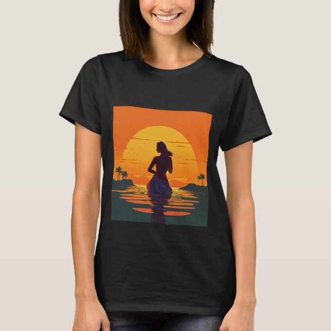 girl stands in water silhouette at sunset vector i T-Shirt (Front)