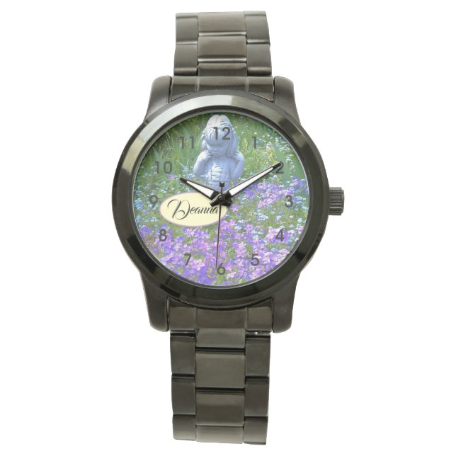 Girl statue purple phlox blue forget-me-not flower watch (Front)