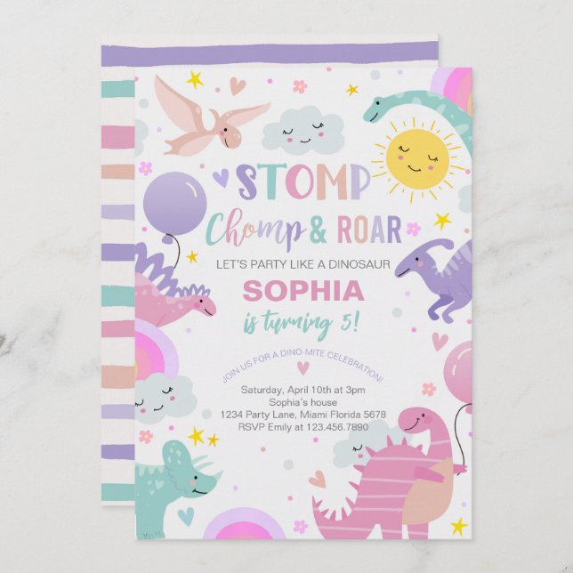 Girl Stomp Chomp & Roar Dinosaur Birthday Invitation (Front/Back)