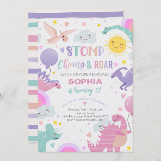 Girl Stomp Chomp & Roar Dinosaur Birthday Invitation