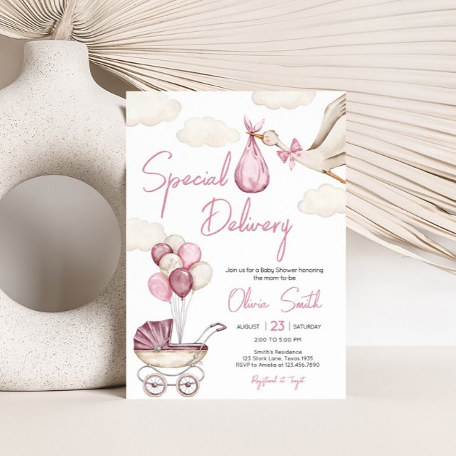 Girl Storck Special Delivery Baby Shower Invitation (Pink Storck Special Delivery Baby Shower Invitation)