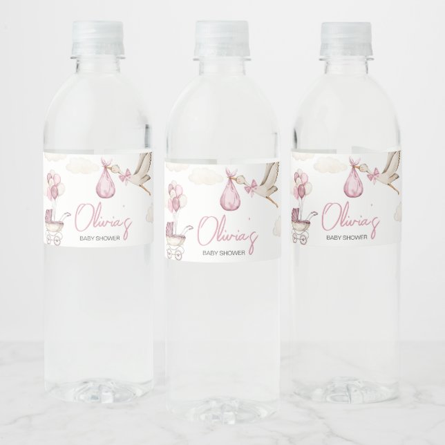 Girl Storck Special Delivery Baby Shower Water Bottle Label (Bottles)