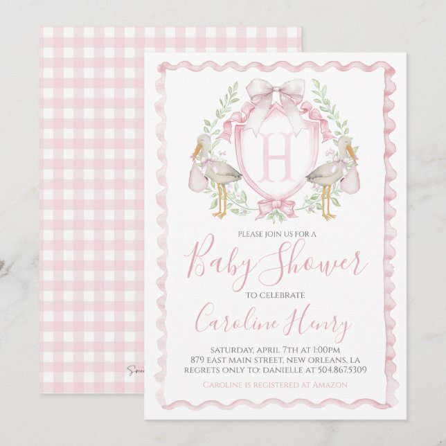 Girl Stork Baby Shower Preppy Gingham Pink Invitation (Front/Back)