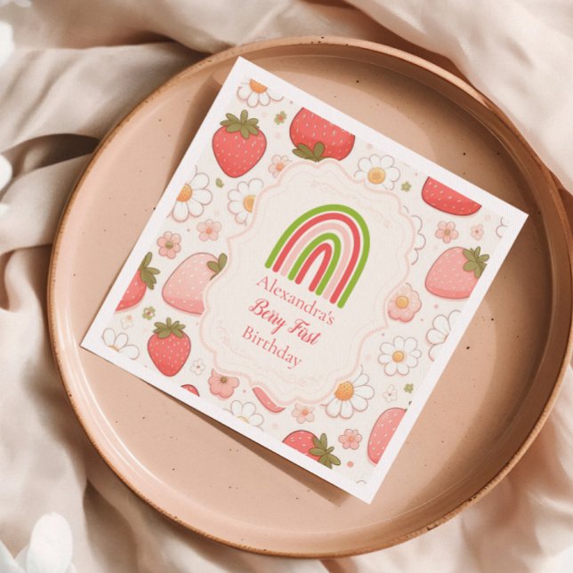Girl Strawberry Berry First 1st Birthday Party Napkin (Creator Uploaded)
