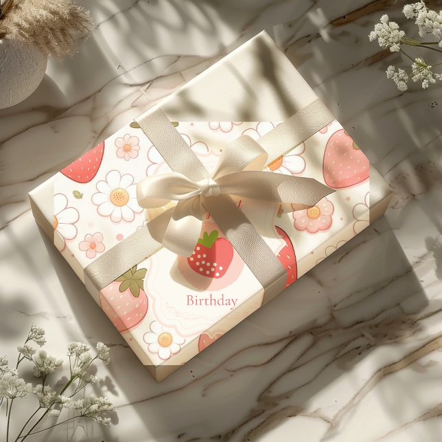 Girl Strawberry Berry First 1st Birthday Party Wrapping Paper (Creator Uploaded)
