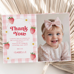 Girl Strawberry Berry First 1st Birthday Photo Thank You Card