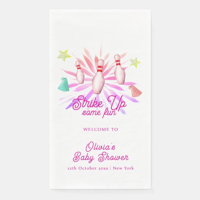 Girl Strike Up Bowling Baby Shower Welcome Napkin (Front)