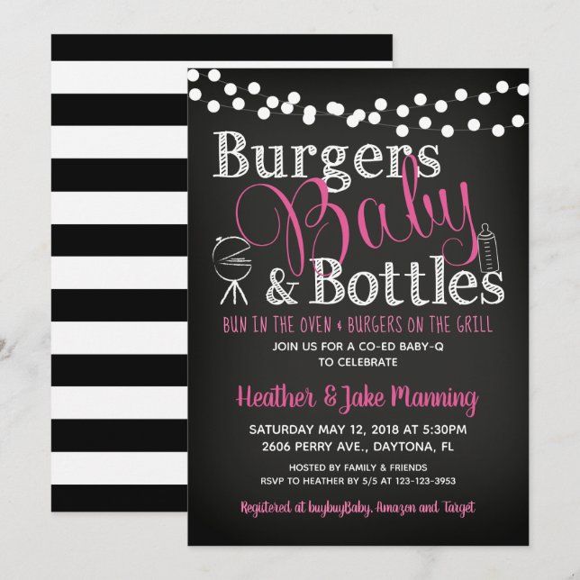 Girl Stripe Chalkboard BBQ Baby Shower Invitation (Front/Back)