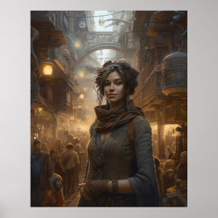 Girl Strolling in a Steampunk street Poster