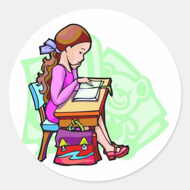 Girl Studies At Desk Classic Round Sticker (Front)