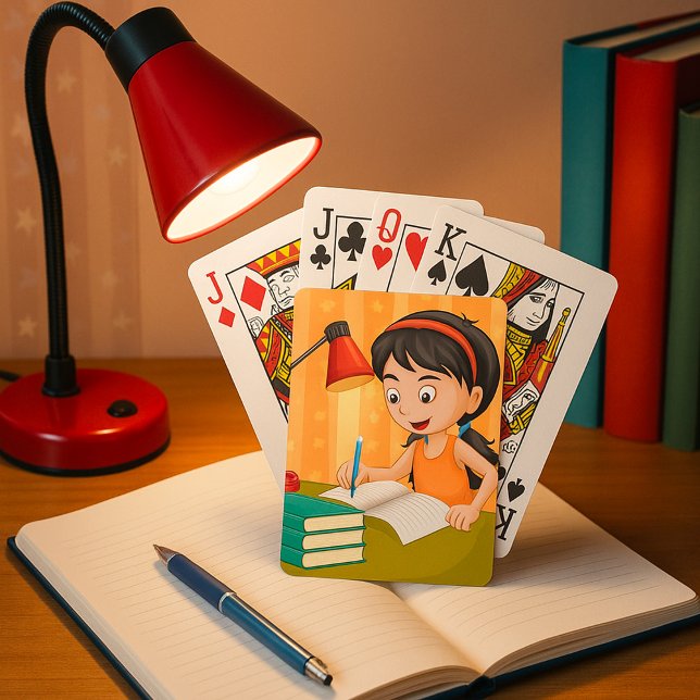 Girl Studying at Desk Doing Homework Playing Cards (Creator Uploaded)