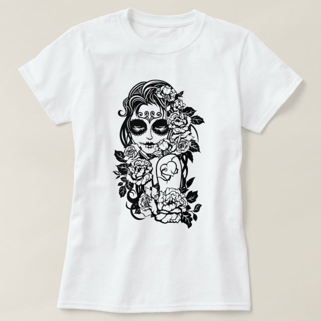Girl Sugar Skull in flowers T-Shirt (Design Front)