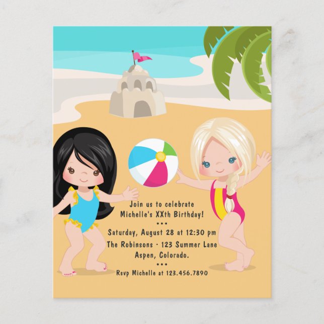 Girl Summer Beach Birthday Party Flyer (Front)