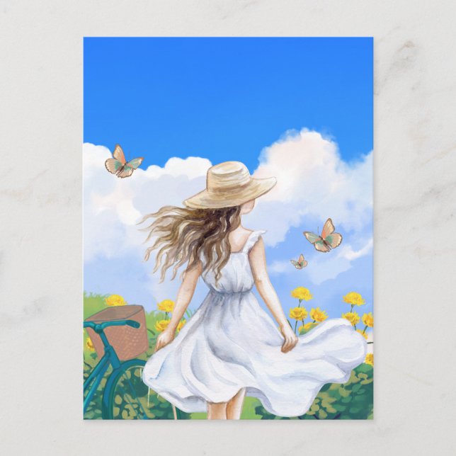 Girl Summer Dress beautiful landscape sky blue Postcard (Front)