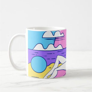 girl sunbathes on the beach with a cocktail in han coffee mug