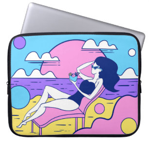 girl sunbathes on the beach with a cocktail in han laptop sleeve